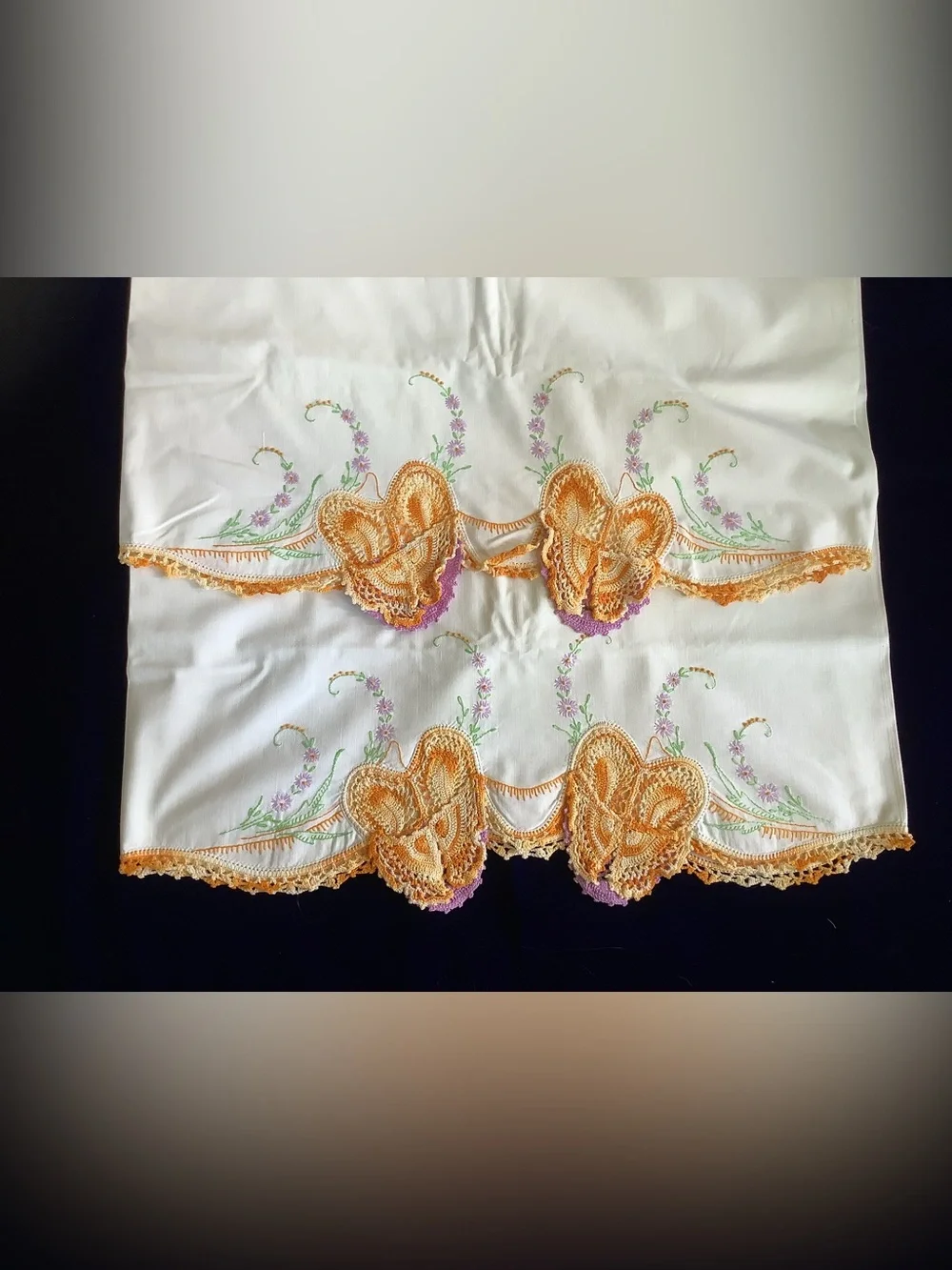 Set of Two - Embroidered White Pillowcase with Golden Crochet Trim